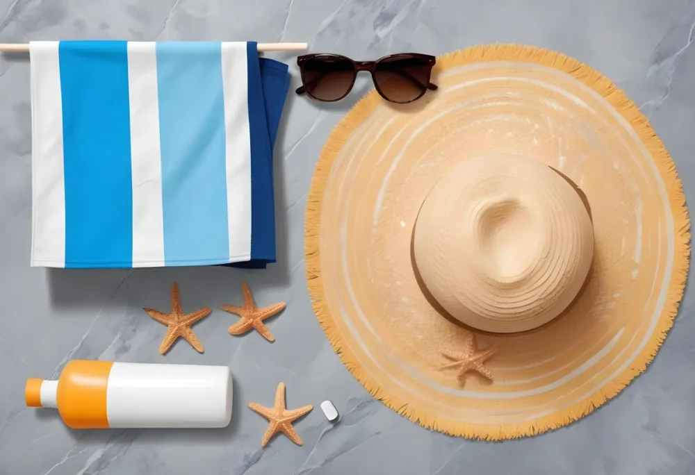 A Beach Towel With Blue Stripes A Straw Hat With Sunglasses A Sunscreen Bottle And Some Starfish On A Gray Marble Background 19 Be55