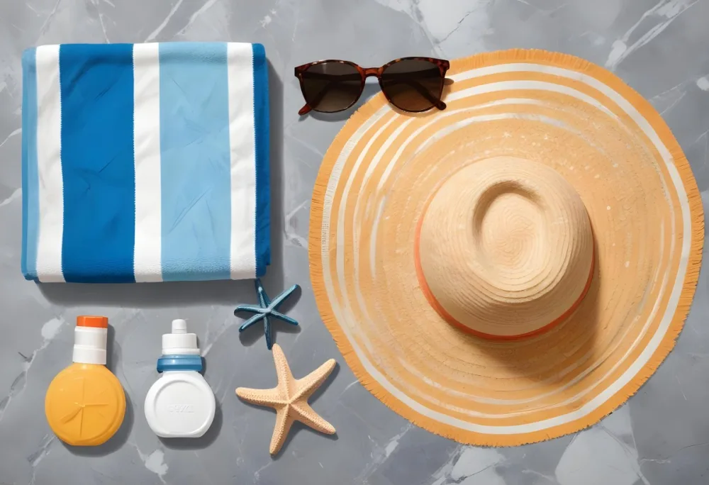 A Beach Towel With Blue Stripes A Straw Hat With Sunglasses A Sunscreen Bottle And Some Starfish On A Gray Marble Background 26 882c