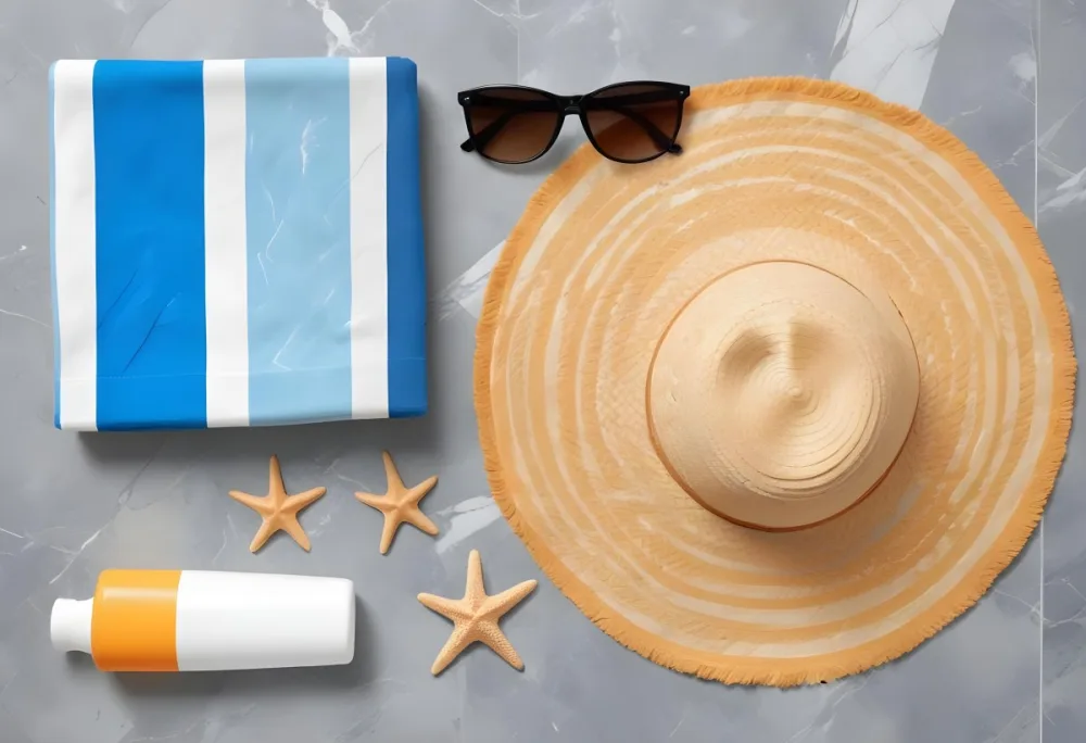 A Beach Towel With Blue Stripes A Straw Hat With Sunglasses A Sunscreen Bottle And Some Starfish On A Gray Marble Background 32