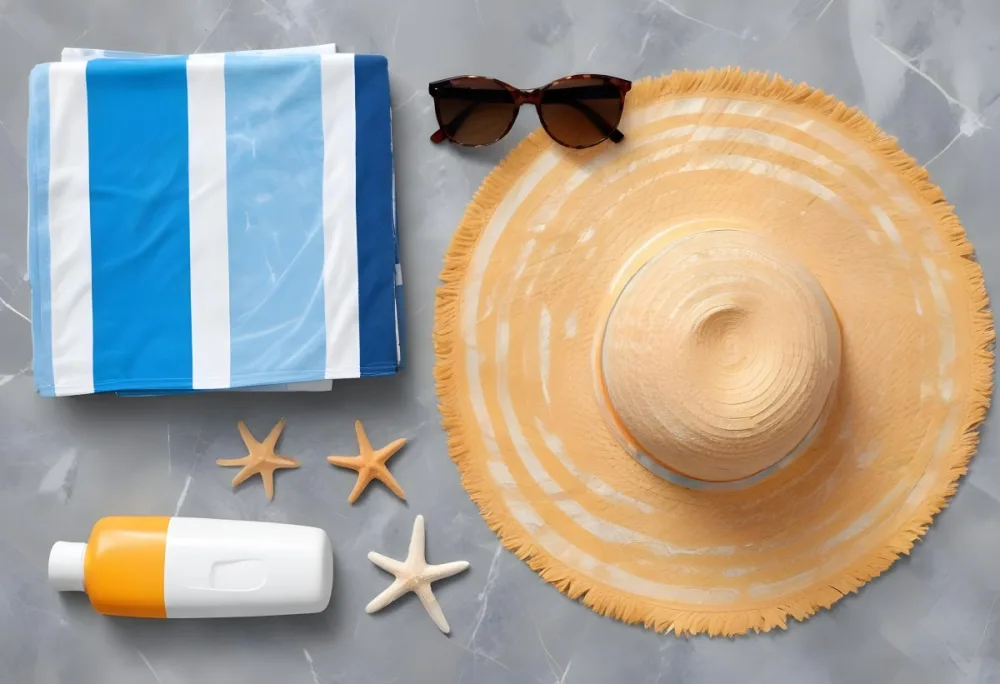 A Beach Towel With Blue Stripes A Straw Hat With Sunglasses A Sunscreen Bottle And Some Starfish On A Gray Marble Background 33 Cc21