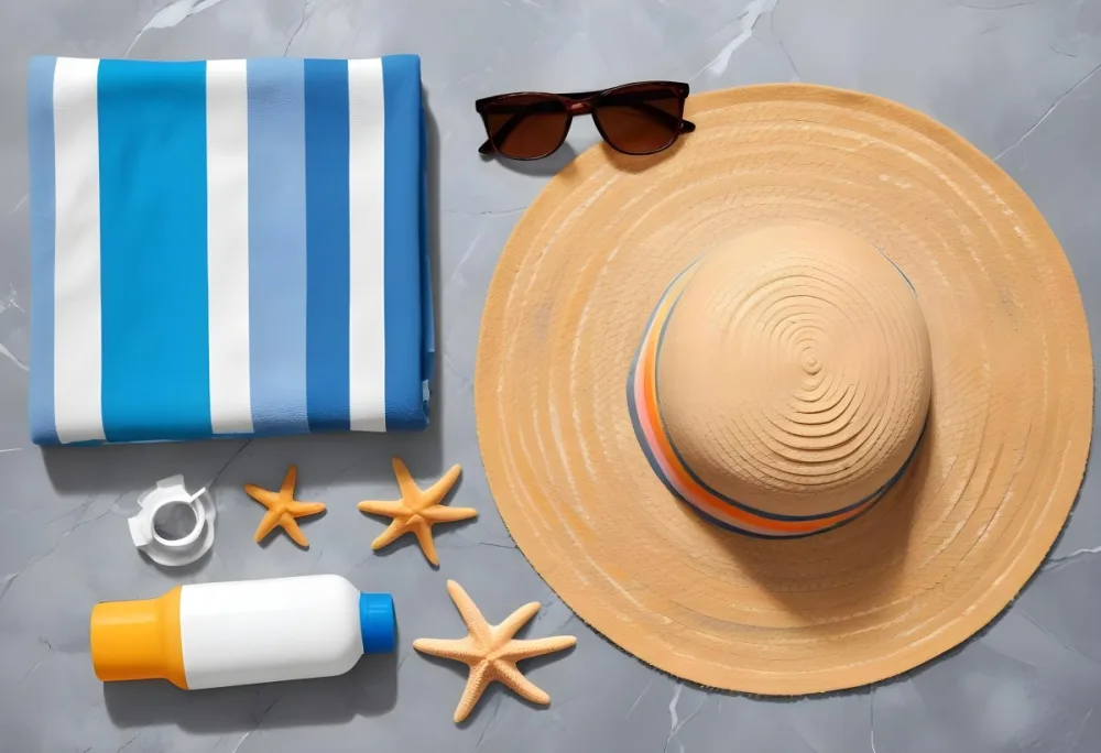 A Beach Towel With Blue Stripes A Straw Hat With Sunglasses A Sunscreen Bottle And Some Starfish On A Gray Marble Background 5 4d8d