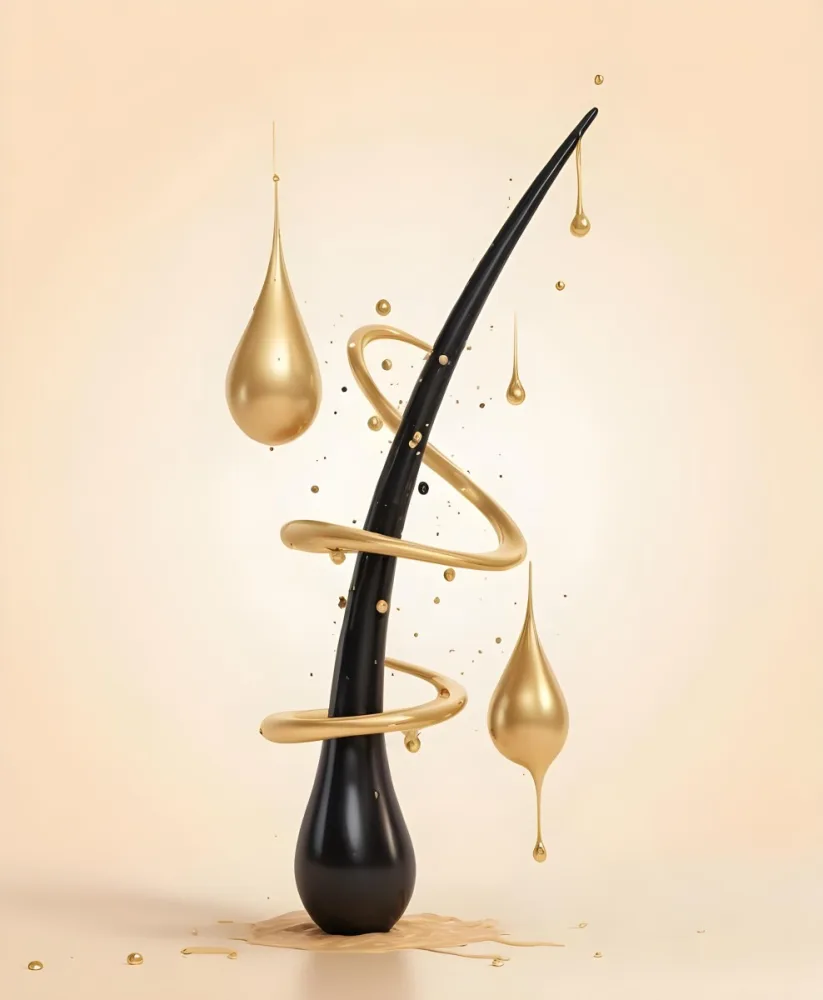 A Black Abstract Sculpture With Gold Liquid Or Oil Droplets Floating Around It Against A Beige Background 2
