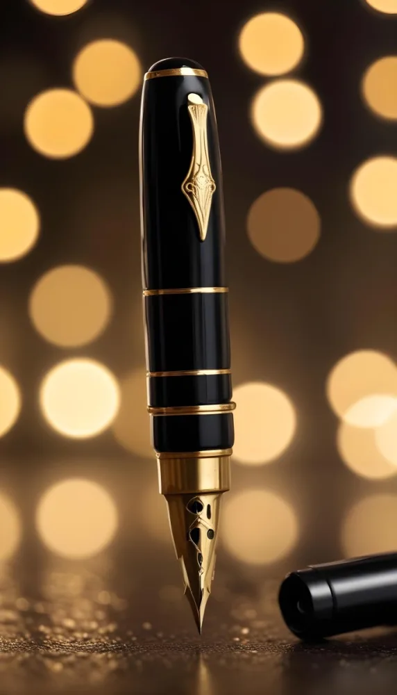 A Black And Gold Fountain Pen With A Black Nib Bokeh Lights In The Foreground Blurred Background 11 F75d 6881