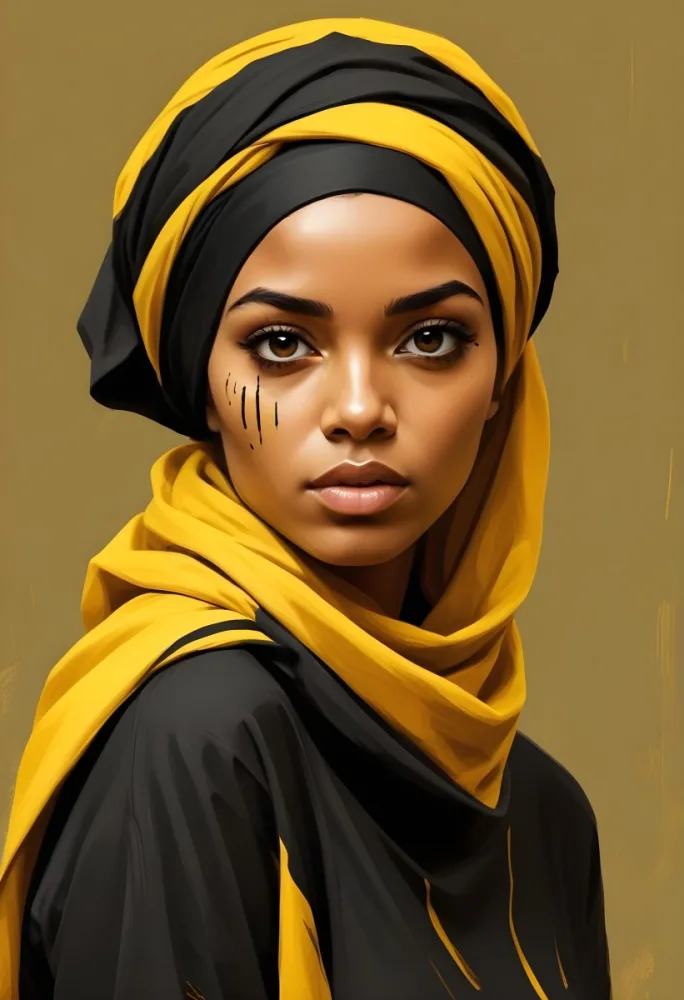 A Black And Yellow Woman 25 Years Old With A Black Headscarf And Black Eyes In A Yellow Background 24 07ac