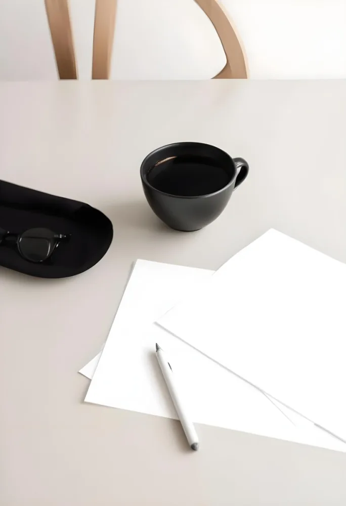 A Black Coffee Mug A Pair Of Black Glasses And A Blank White Sheet Of Paper On A Plain White Background 1 E52c 6422