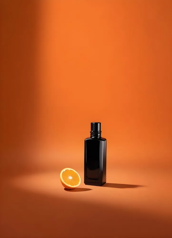 A Black Glass Bottle Of Perfume Or Cologne On A Orange Background 1 8ff6