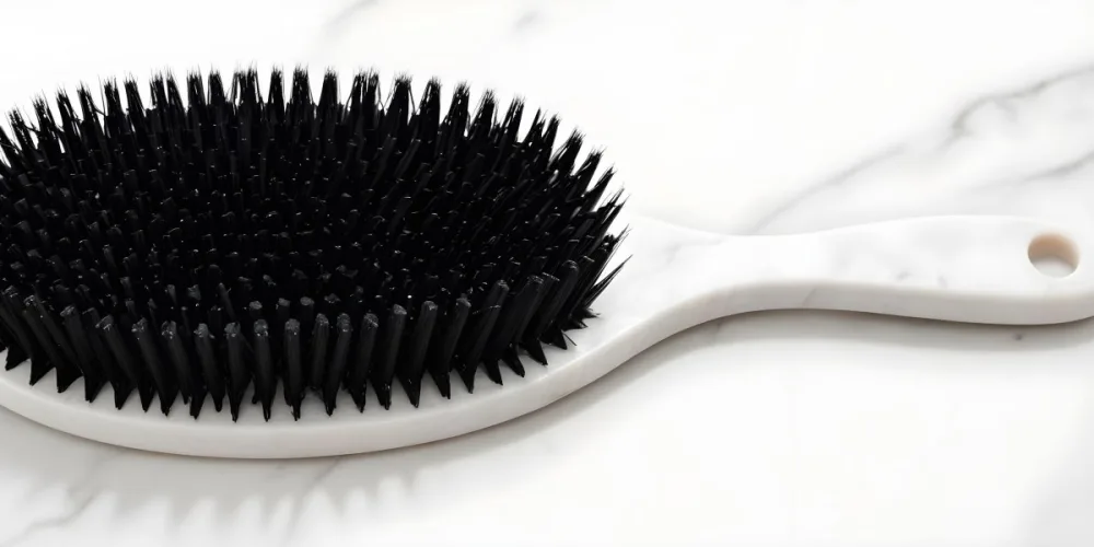 A Black Hair Brush With White Bristles Placed On A Marble Countertop 2 2b09