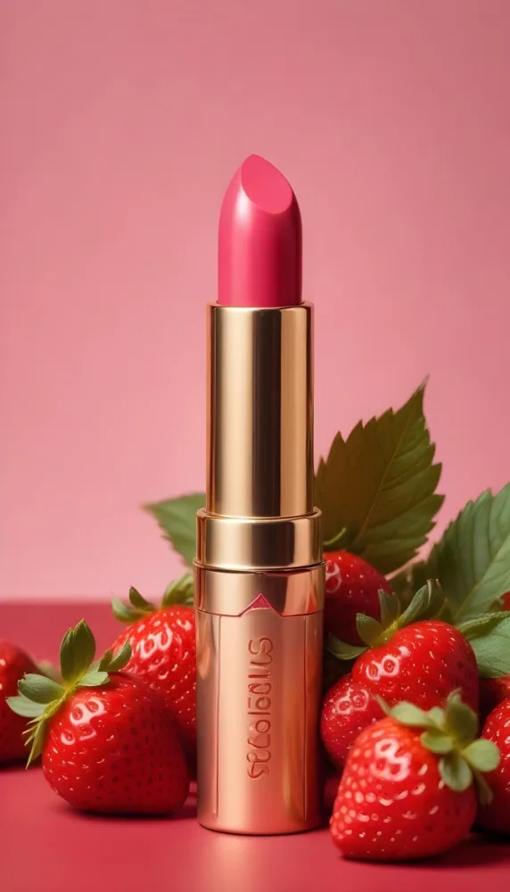 A Black Lipstick With A Pink Container Surrounded By Strawberries Black Background 21 9c3a
