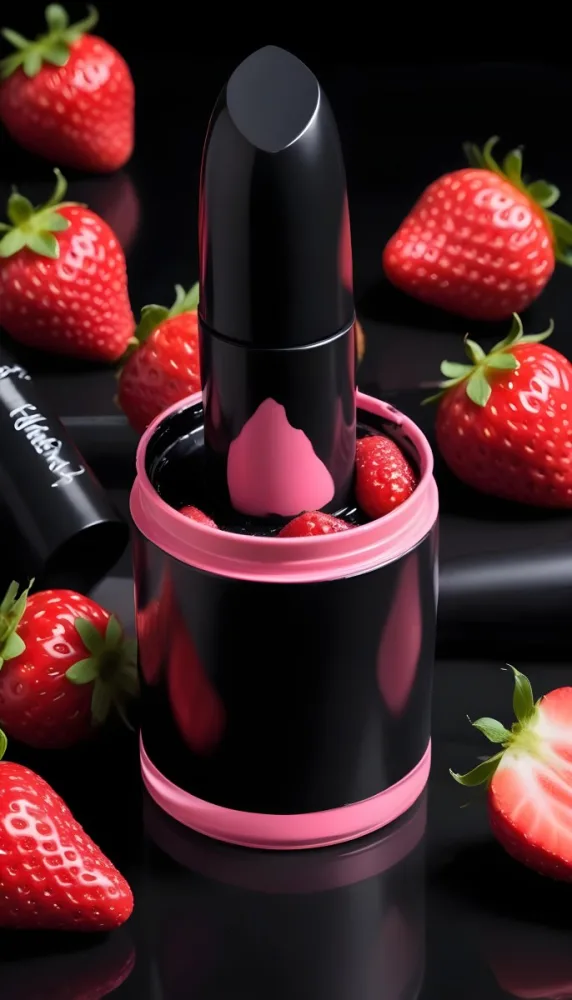 A Black Lipstick With A Pink Container Surrounded By Strawberries Black Background 29 E3b9