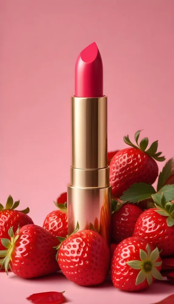 A Black Lipstick With A Pink Container Surrounded By Strawberries Black Background 3 D02a