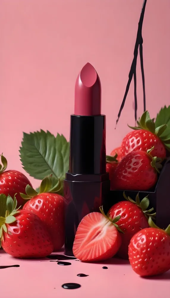 A Black Lipstick With A Pink Container Surrounded By Strawberries Black Background 33 B563