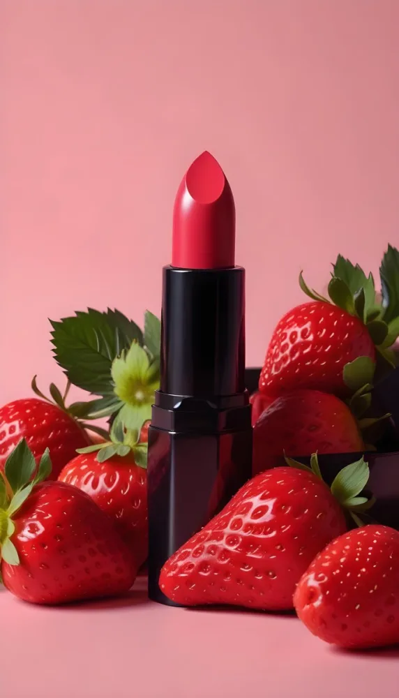 A Black Lipstick With A Pink Container Surrounded By Strawberries Black Background 37 051c