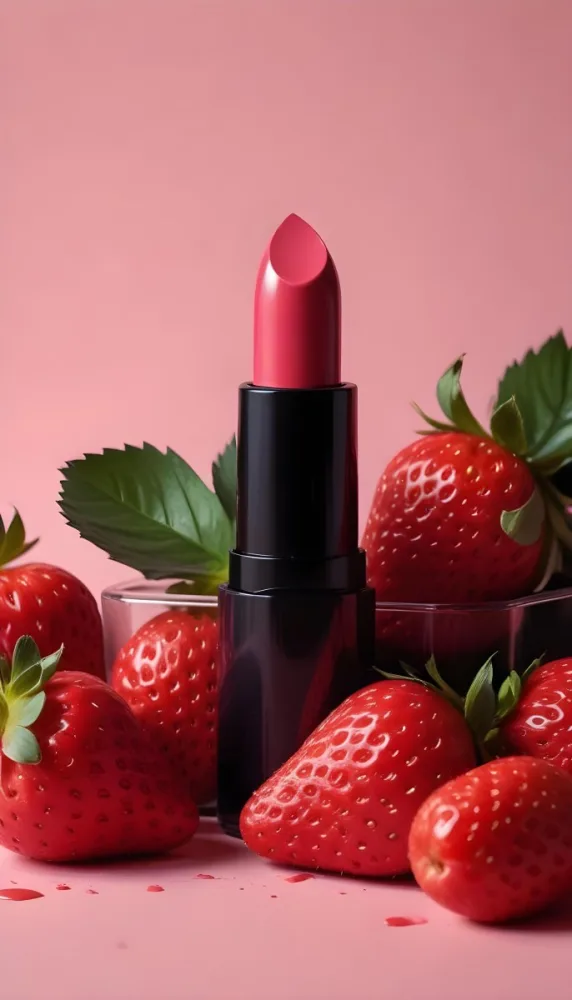 A Black Lipstick With A Pink Container Surrounded By Strawberries Black Background 39 Ec2b