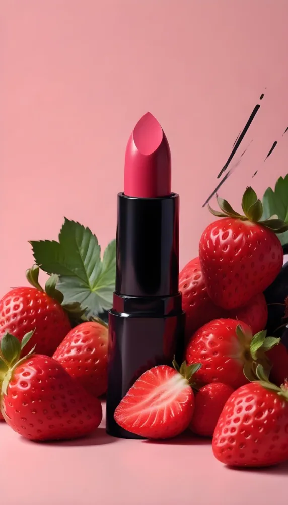 A Black Lipstick With A Pink Container Surrounded By Strawberries Black Background 41 4ab7