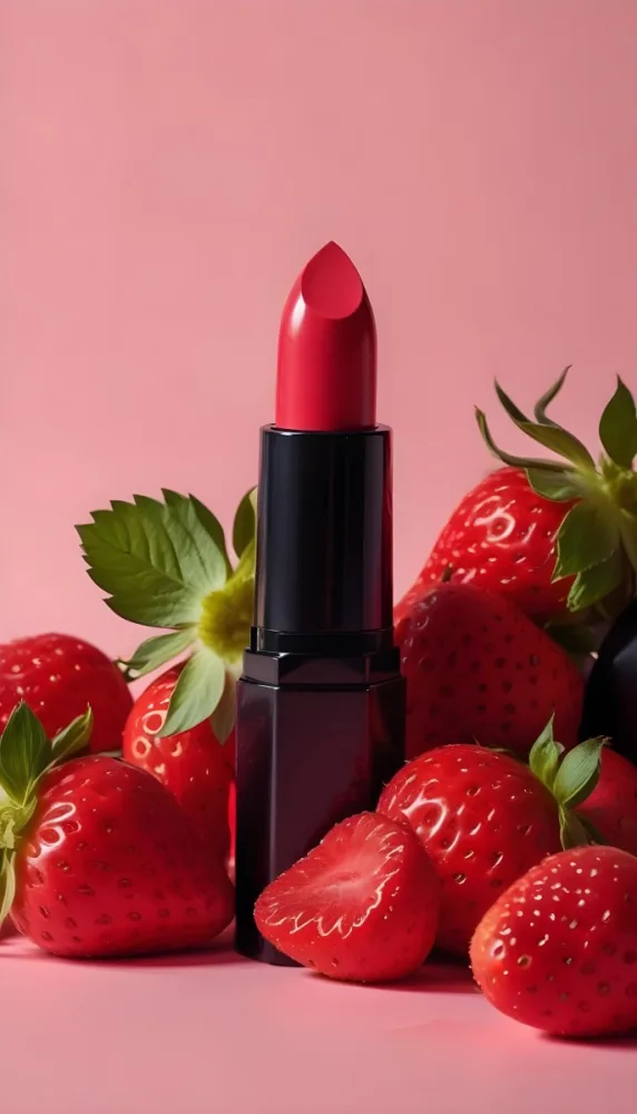 A Black Lipstick With A Pink Container Surrounded By Strawberries Black Background 43 0055
