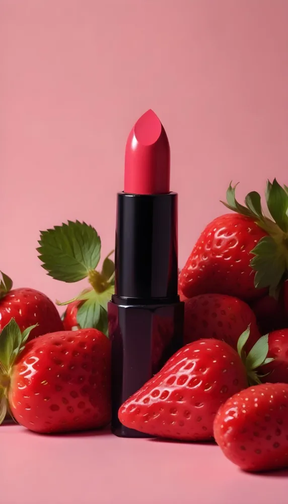 A Black Lipstick With A Pink Container Surrounded By Strawberries Black Background 45 0e3e
