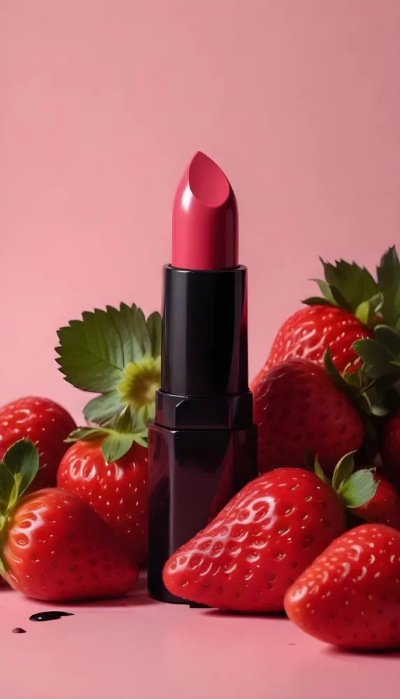 A Black Lipstick With A Pink Container Surrounded By Strawberries Black Background 48 32e6