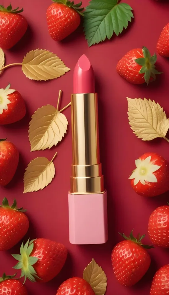 A Black Lipstick With A Pink Container Surrounded By Strawberries Black Background 6 9299