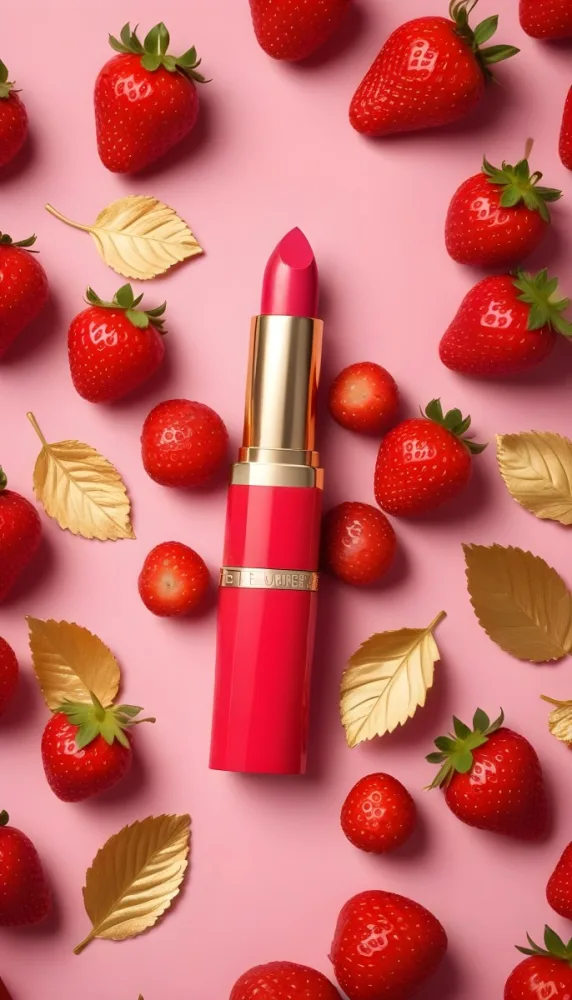 A Black Lipstick With A Pink Container Surrounded By Strawberries Black Background 7 A3fc