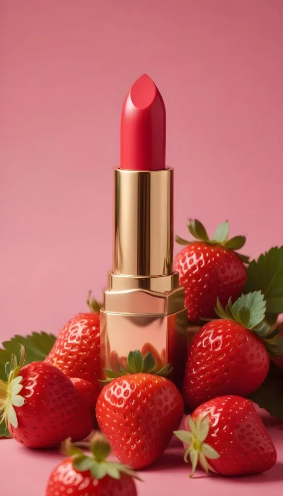 A Black Lipstick With A Pink Container Surrounded By Strawberries Black Background 8 8571