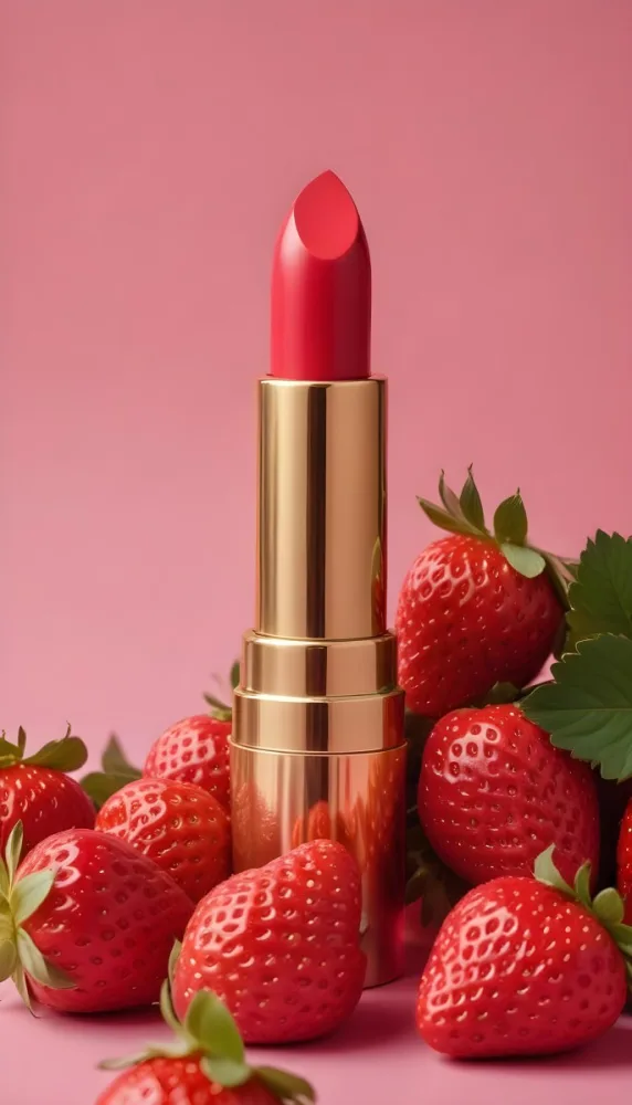 A Black Lipstick With A Pink Container Surrounded By Strawberries Black Background 9 F3ae