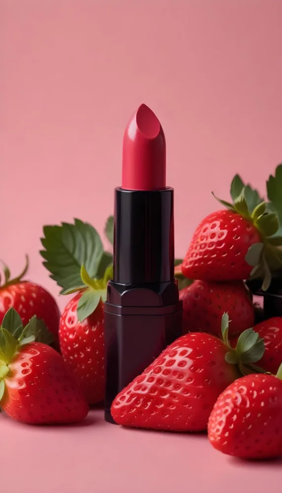A Black Lipstick With A Pink Container Surrounded By Strawberries With A Black Background 16 C52e