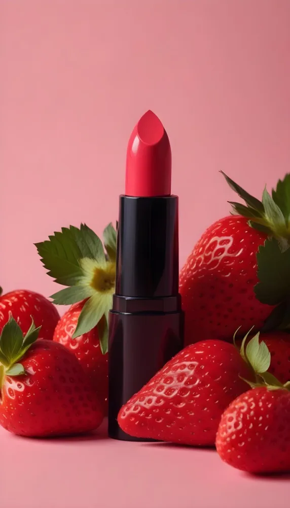 A Black Lipstick With A Pink Container Surrounded By Strawberries With A Black Background 3 6873
