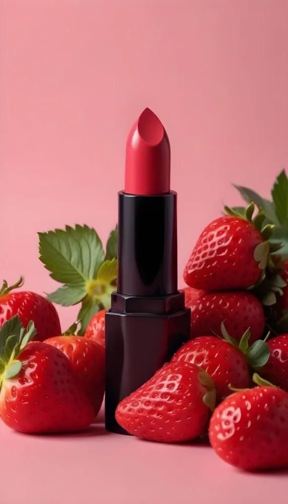 A Black Lipstick With A Pink Container Surrounded By Strawberries With A Black Background 8 C54b