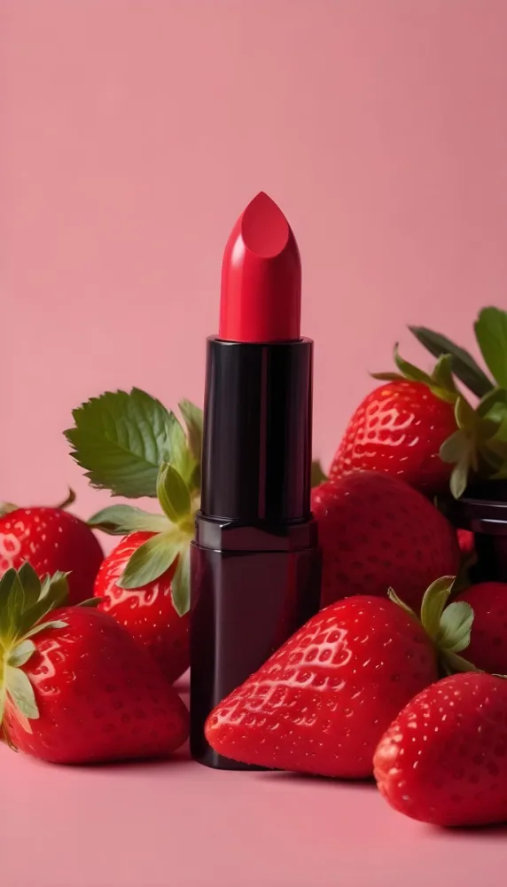 A Black Lipstick With A Pink Container Surrounded By Strawberries With A Black Background 9 594f