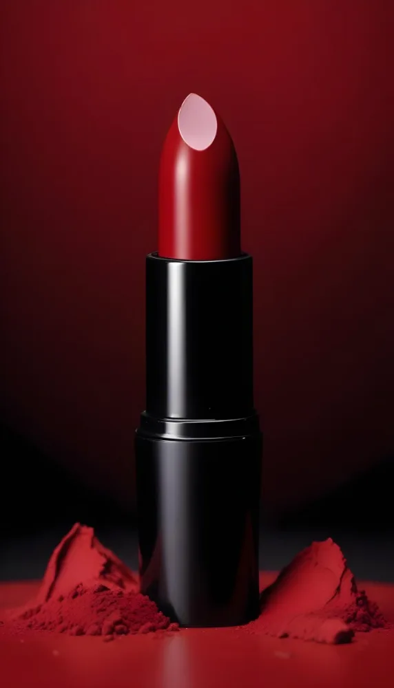 A Black Lipstick With A Red Container On A Dark Red Background Some Black Powder On The Bottom 18