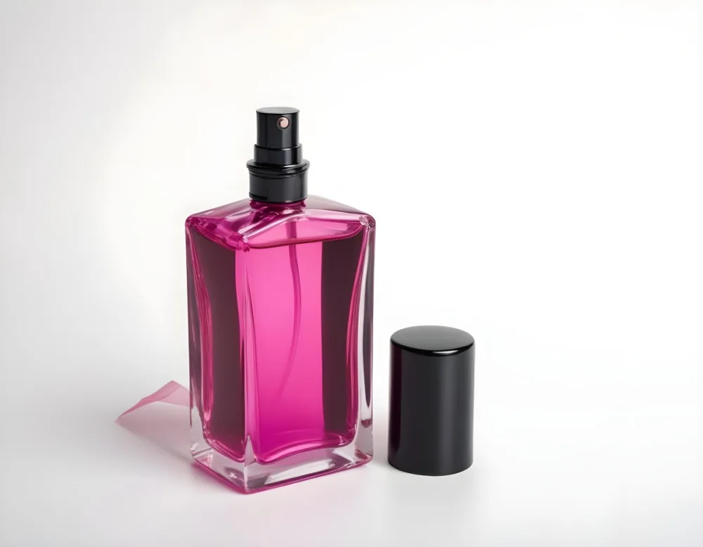 A Black Perfume Bottle With A Pink Sprayer And A Pink Cap On A White Surface Product Photography Studio Lighting Clean Background 12 3f16