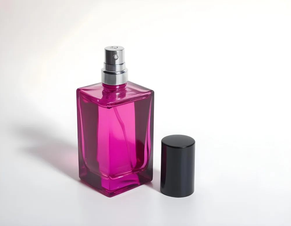 A Black Perfume Bottle With A Pink Sprayer And A Pink Cap On A White Surface Product Photography Studio Lighting Clean Background 13 Bdc7