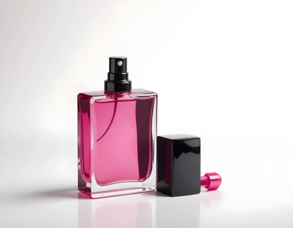 A Black Perfume Bottle With A Pink Sprayer And A Pink Cap On A White Surface Product Photography Studio Lighting Clean Background 21 665b