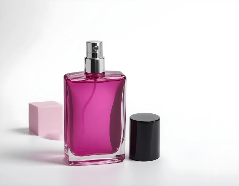A Black Perfume Bottle With A Pink Sprayer And A Pink Cap On A White Surface Product Photography Studio Lighting Clean Background 39 A698