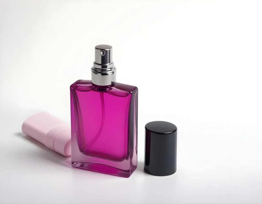 A Black Perfume Bottle With A Pink Sprayer And A Pink Cap On A White Surface Product Photography Studio Lighting Clean Background 9 6dec