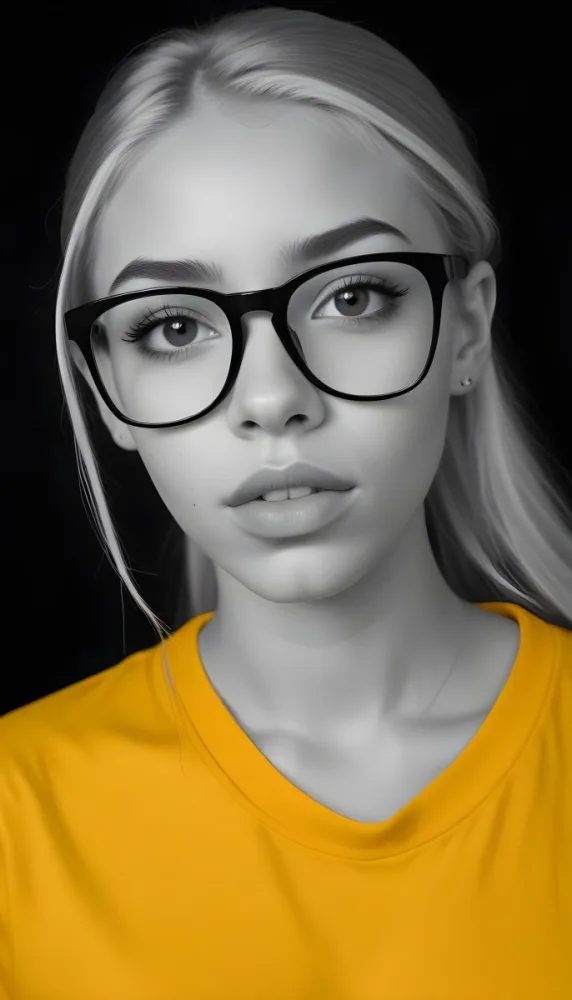 A Black Woman 21 Years Old With Long Blonde Hair And White Glasses Wearing A White T Shirt In A Black And White Background 14 2272