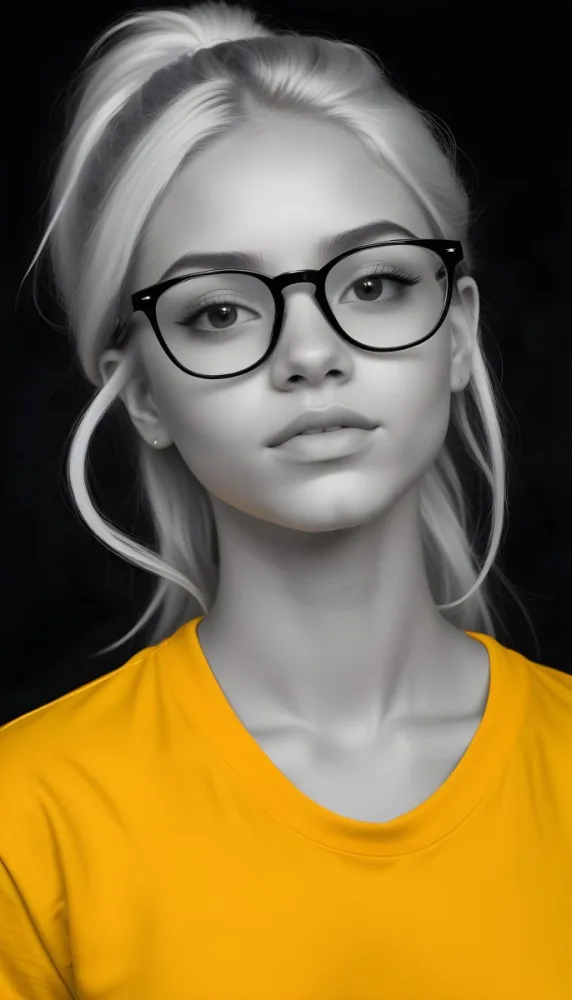 A Black Woman 21 Years Old With Long Blonde Hair And White Glasses Wearing A White T Shirt In A Black And White Background 33 5515