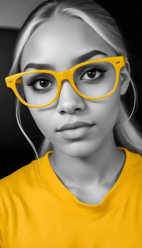 A Black Woman 21 Years Old With Long Blonde Hair And White Glasses Wearing A White T Shirt In A Black And White Background 43 8dc0