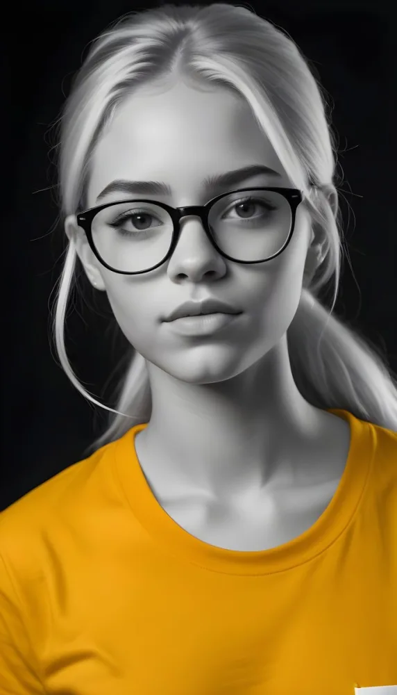 A Black Woman 21 Years Old With Long Blonde Hair And White Glasses Wearing A White T Shirt In A Black And White Background 45 4a98