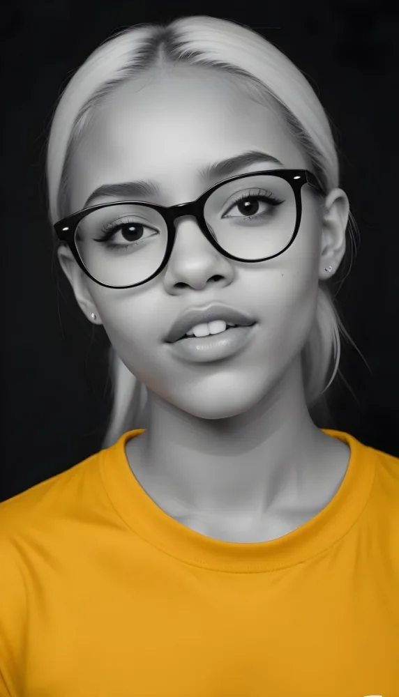A Black Woman 21 Years Old With Long Blonde Hair And White Glasses Wearing A White T Shirt In A Black And White Background 48 F583