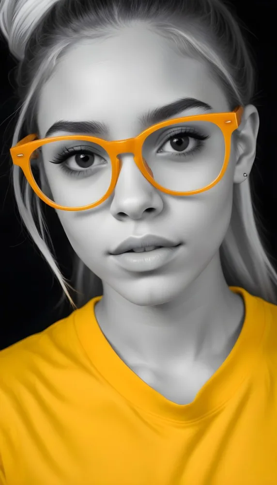A Black Woman 21 Years Old With Long Blonde Hair And White Glasses Wearing A White T Shirt In A Black And White Background 6 209b