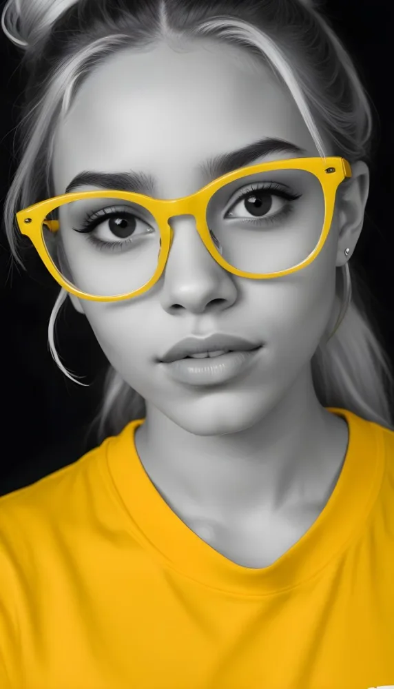 A Black Woman 21 Years Old With Long Blonde Hair And White Glasses Wearing A White T Shirt In A Black And White Background 60 C048