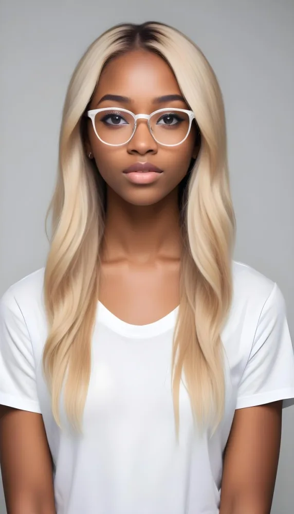 A Black Woman 21 Years Old With Long Blonde Hair And White Glasses Wearing A White T Shirt In A Black And White Background 9 40b8