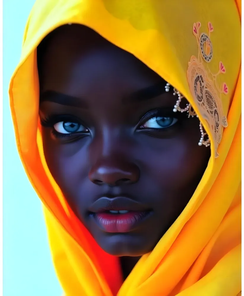 A Black Woman 22 Years Old With Black Eyes And Yellow Headscarf Light Blue Background 33 A086