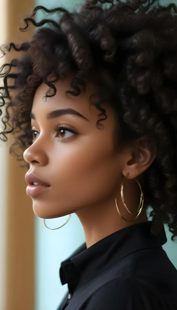 A Black Woman 23 Years Old Curly Black Hair Golden Hoop Earrings Light Brown Skin In A Bright Environment 14 E163