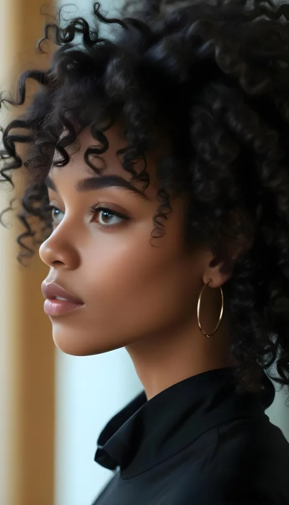 A Black Woman 23 Years Old Curly Black Hair Golden Hoop Earrings Light Brown Skin In A Bright Environment 25 6423