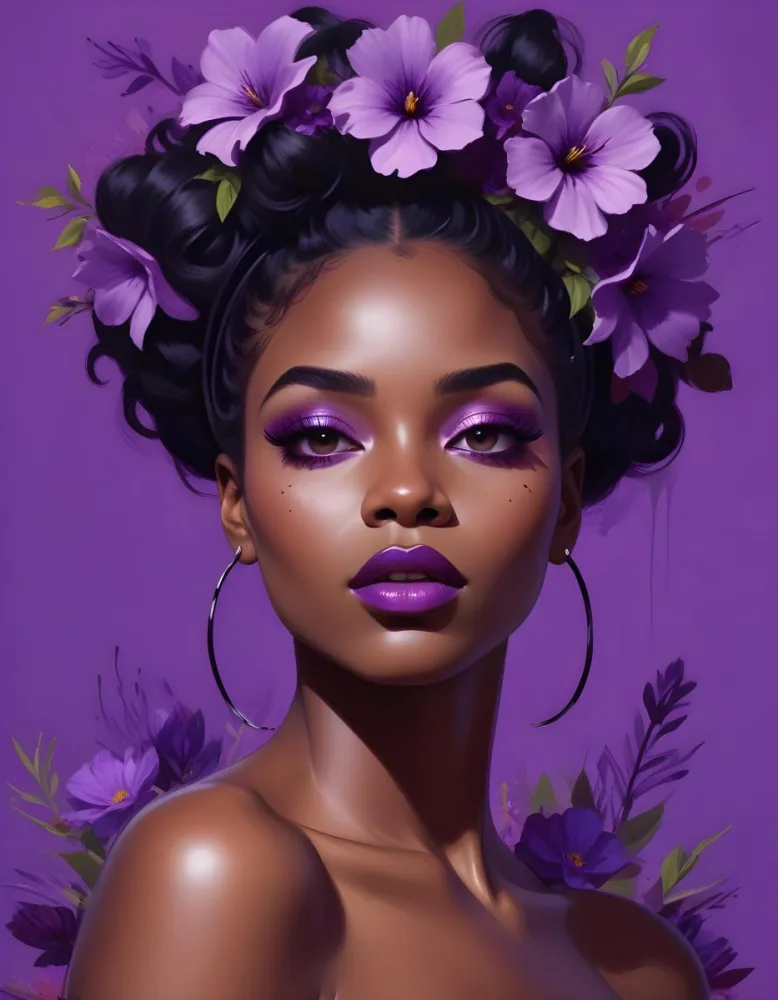 A Black Woman 23 Years Old Dark Skin Black Hair Purple Eyeshadow And Lipstick Purple Flowers Around Her Head Purple Background 1 2bd9