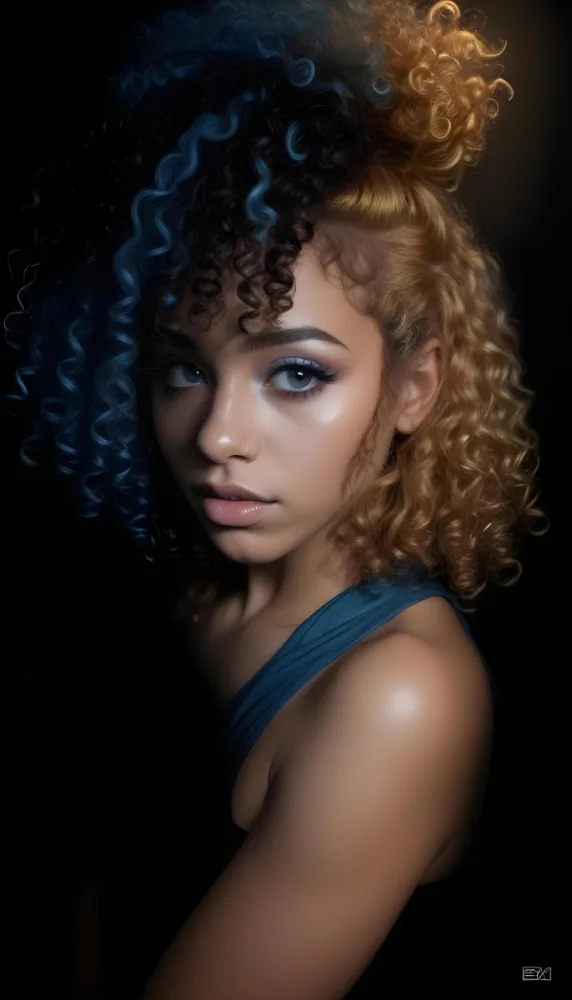 A Black Woman 23 Years Old Light Skin Blue Curly Hair Black Eyes Golden Makeup In A Dark Environment 12 1744