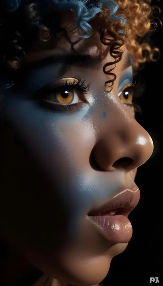 A Black Woman 23 Years Old Light Skin Blue Curly Hair Black Eyes Golden Makeup In A Dark Environment 13 8c64