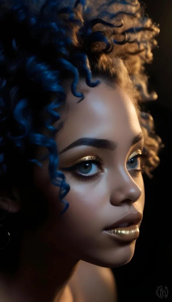 A Black Woman 23 Years Old Light Skin Blue Curly Hair Black Eyes Golden Makeup In A Dark Environment 3 9886